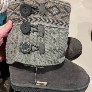 Muk Luks Gray and Tan Knit Button Boots